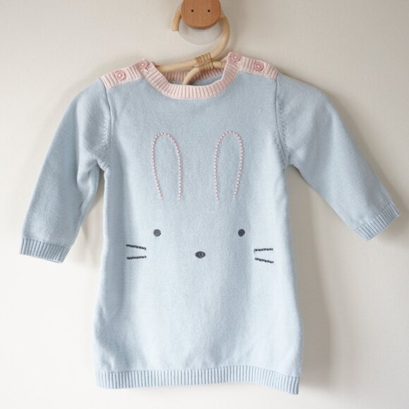 Marks & Spencer Knit Embroidered Bunny Sweater Dress Light Blue Baby Sz 9m - Picture 2 of 9
